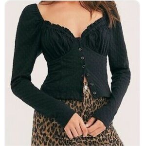 Free People Black Long Sleeve Fitted Blouse